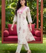 Women Ethnic Motifs Printed Empire Mirror Work Pure Cotton Kurta with Trousers