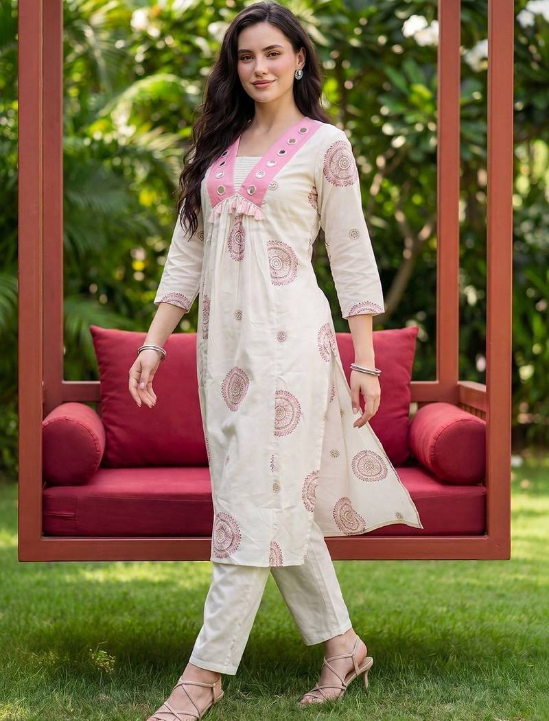 Women Ethnic Motifs Printed Empire Mirror Work Pure Cotton Kurta with Trousers