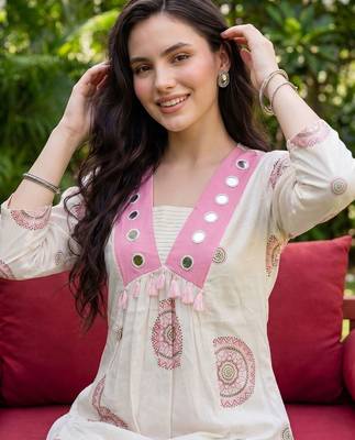Women Ethnic Motifs Printed Empire Mirror Work Pure Cotton Kurta with Trousers 2
