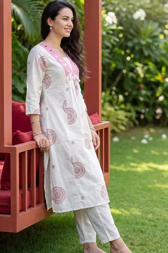 Women Ethnic Motifs Printed Empire Mirror Work Pure Cotton Kurta with Trousers
