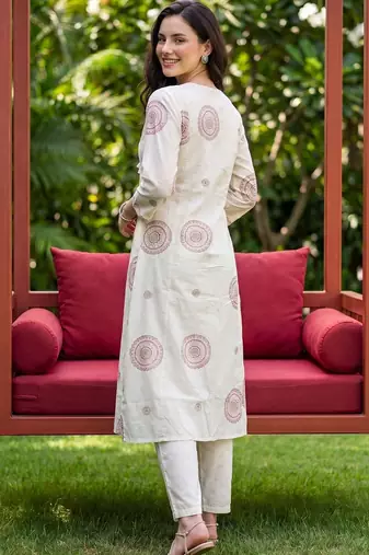 Women Ethnic Motifs Printed Empire Mirror Work Pure Cotton Kurta with Trousers