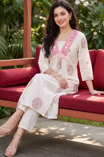 Women Ethnic Motifs Printed Empire Mirror Work Pure Cotton Kurta with Trousers