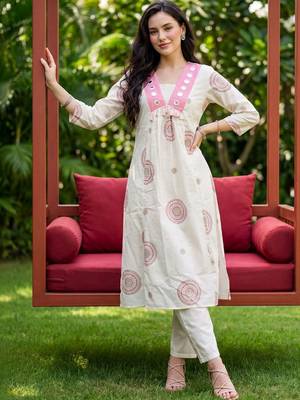 Women Ethnic Motifs Printed Empire Mirror Work Pure Cotton Kurta with Trousers 6