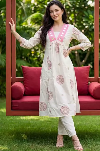 Women Ethnic Motifs Printed Empire Mirror Work Pure Cotton Kurta with Trousers