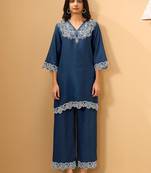 Women Ethnic Motifs Embroidered Regular Thread Work Linen Kurta with Palazzos