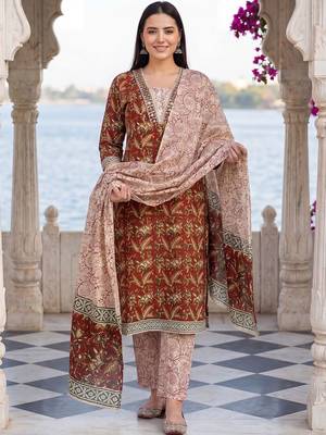 Women Ethnic Motifs Printed Regular Pure Cotton Kurta with Trousers & With Dupatta 1