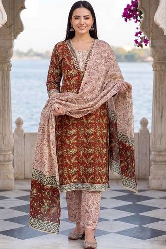 Women Ethnic Motifs Printed Regular Pure Cotton Kurta with Trousers & With Dupatta