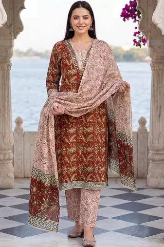Women Ethnic Motifs Printed Regular Pure Cotton Kurta with Trousers & With Dupatta