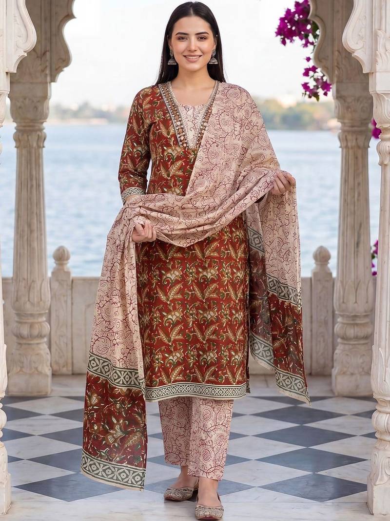 Women Ethnic Motifs Printed Regular Pure Cotton Kurta with Trousers & With Dupatta