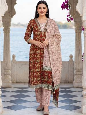 Women Ethnic Motifs Printed Regular Pure Cotton Kurta with Trousers & With Dupatta 6
