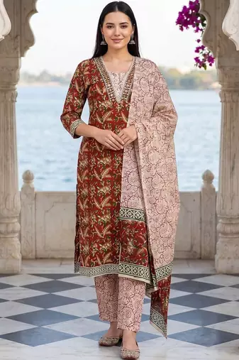 Women Ethnic Motifs Printed Regular Pure Cotton Kurta with Trousers & With Dupatta