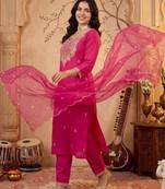 Women Ethnic Motifs Embroidered Regular Kurta with Trousers & With Dupatta