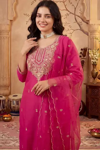 Women Ethnic Motifs Embroidered Regular Kurta with Trousers & With Dupatta