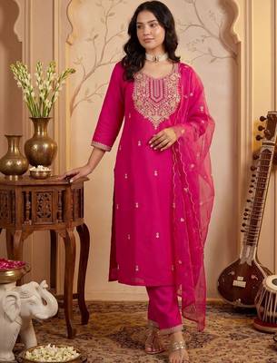 Women Ethnic Motifs Embroidered Regular Kurta with Trousers & With Dupatta 3
