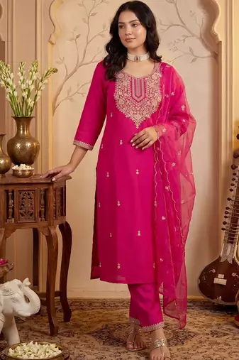 Women Ethnic Motifs Embroidered Regular Kurta with Trousers & With Dupatta