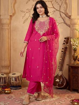 Women Ethnic Motifs Embroidered Regular Kurta with Trousers & With Dupatta 4