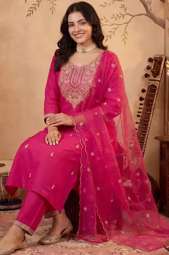 Women Ethnic Motifs Embroidered Regular Kurta with Trousers & With Dupatta