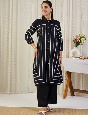 Geometric Printed Shirt Collar Straight Kurta With Trousers 1