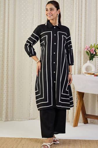 Geometric Printed Shirt Collar Straight Kurta With Trousers