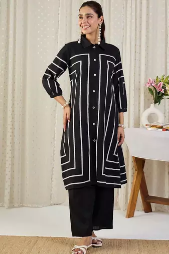 Geometric Printed Shirt Collar Straight Kurta With Trousers