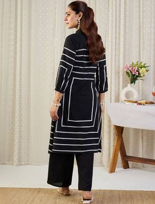 Geometric Printed Shirt Collar Straight Kurta With Trousers 3