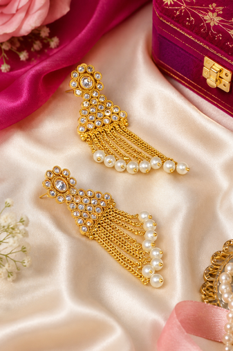 Premium Pearl Tassel Kundan Earrings