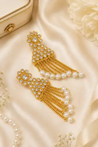 Premium Pearl Tassel Kundan Earrings