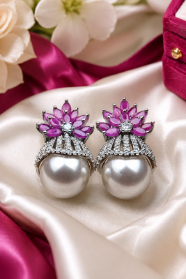 Rhodium finish ruby and pearl ad earrings 1