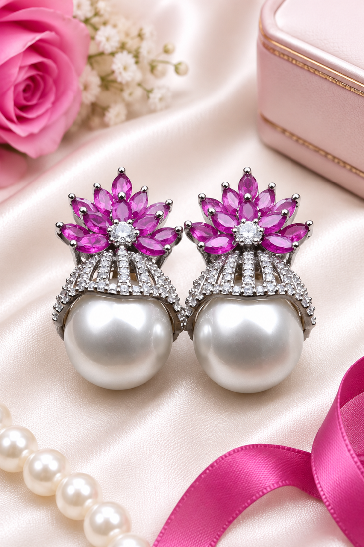 Rhodium finish ruby and pearl ad earrings
