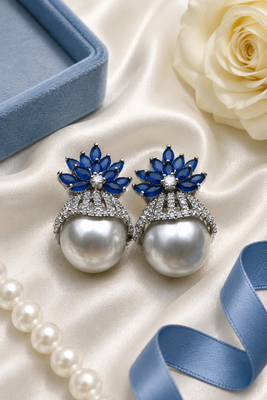 Rhodium finish sapphire and pearl ad earrings 2