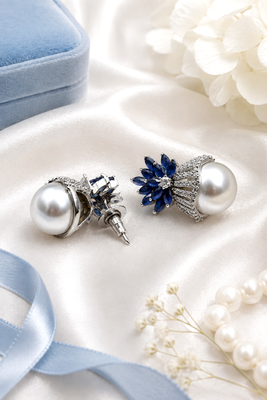 Rhodium finish sapphire and pearl ad earrings 3