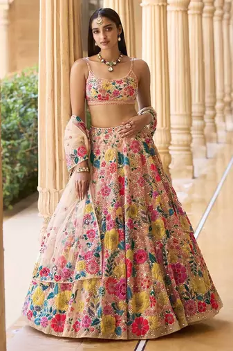 MULTICOLOR GEORGETTE SEQUINS & THREAD EMBROIDERED STITCHED LEHENGA CHOLI