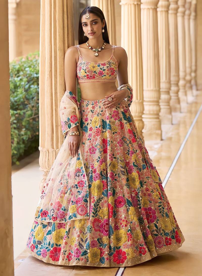 MULTICOLOR GEORGETTE SEQUINS & THREAD EMBROIDERED STITCHED LEHENGA CHOLI
