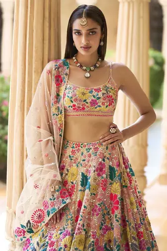MULTICOLOR GEORGETTE SEQUINS & THREAD EMBROIDERED STITCHED LEHENGA CHOLI