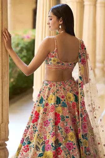 MULTICOLOR GEORGETTE SEQUINS & THREAD EMBROIDERED STITCHED LEHENGA CHOLI