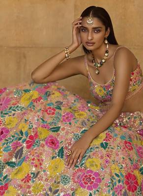 MULTICOLOR GEORGETTE SEQUINS & THREAD EMBROIDERED STITCHED LEHENGA CHOLI 4