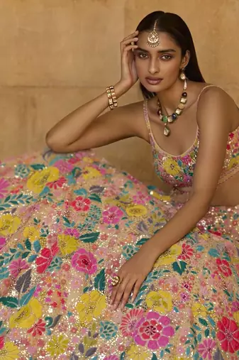 MULTICOLOR GEORGETTE SEQUINS & THREAD EMBROIDERED STITCHED LEHENGA CHOLI