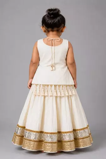 Off white cotton embroidered  mirror work kids lehenga choli