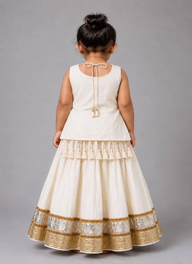 Off white cotton embroidered  mirror work kids lehenga choli