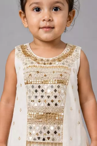 Off white cotton embroidered  mirror work kids lehenga choli