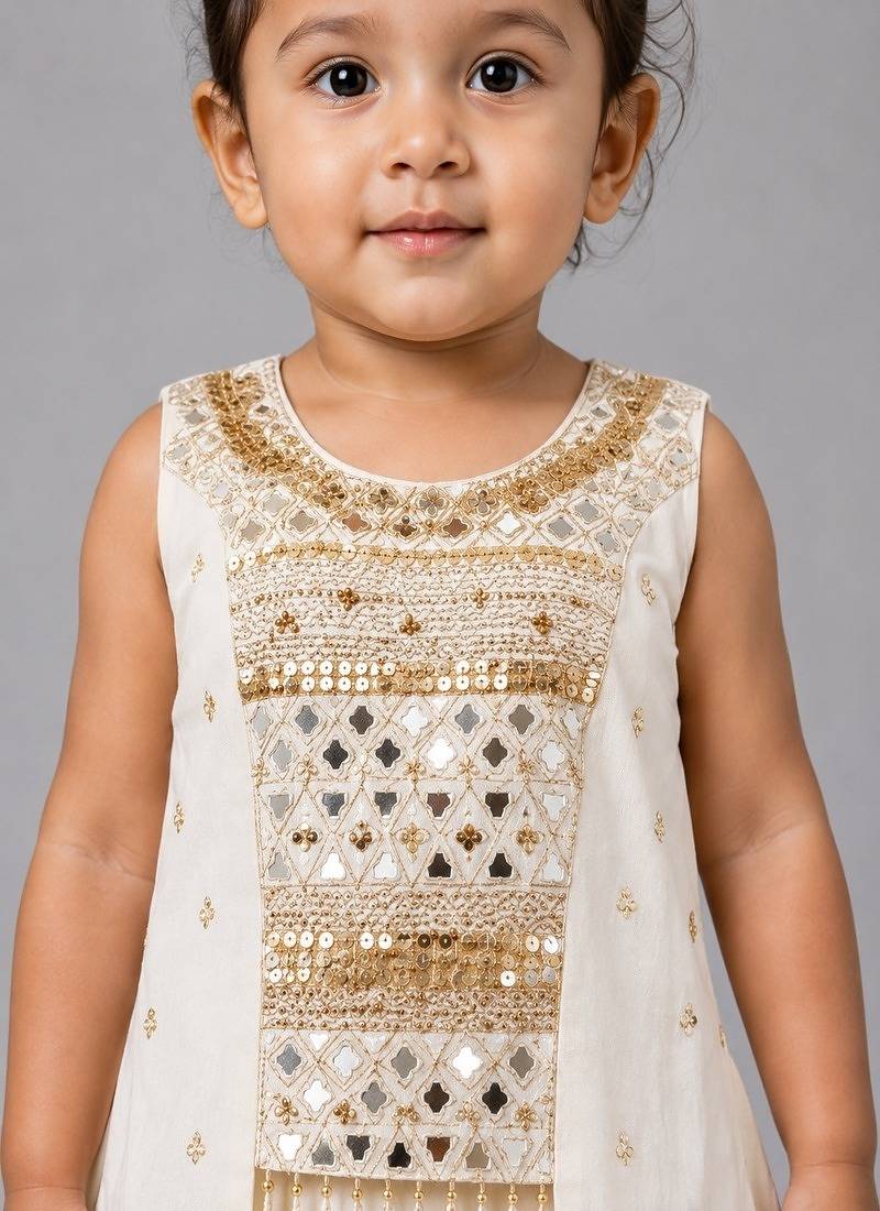 Off white cotton embroidered  mirror work kids lehenga choli