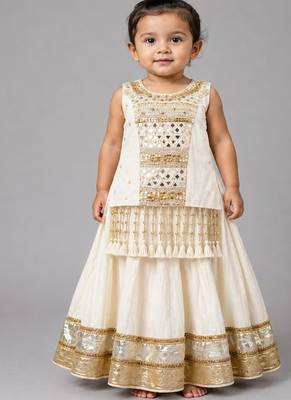 Off white cotton embroidered  mirror work kids lehenga choli 1