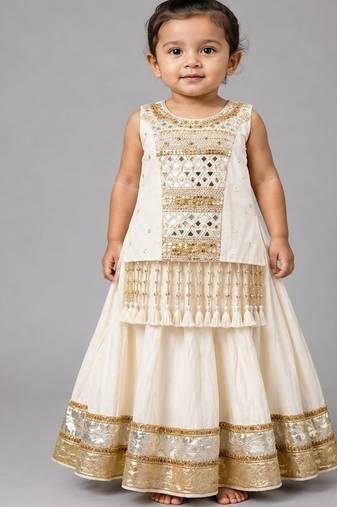 Off white cotton embroidered  mirror work kids lehenga choli