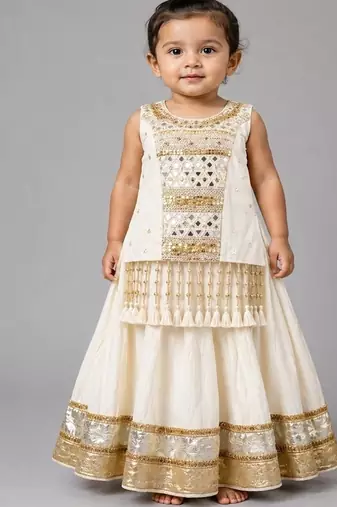 Off white cotton embroidered  mirror work kids lehenga choli