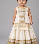 Off white cotton embroidered  mirror work kids lehenga choli