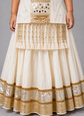 Off white cotton embroidered  mirror work kids lehenga choli 4