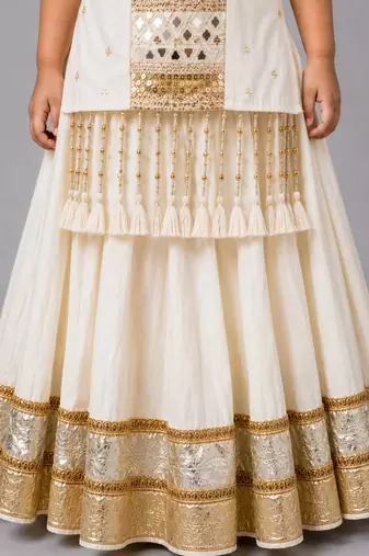 Off white cotton embroidered  mirror work kids lehenga choli