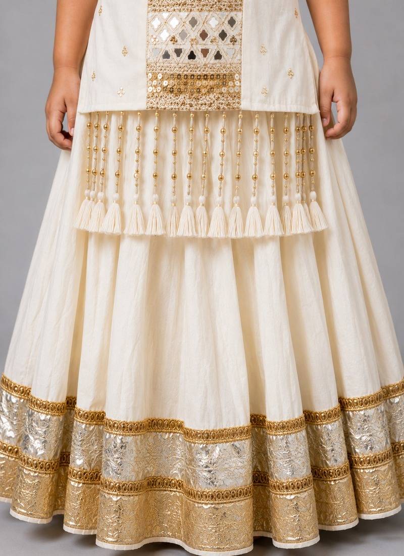 Off white cotton embroidered  mirror work kids lehenga choli