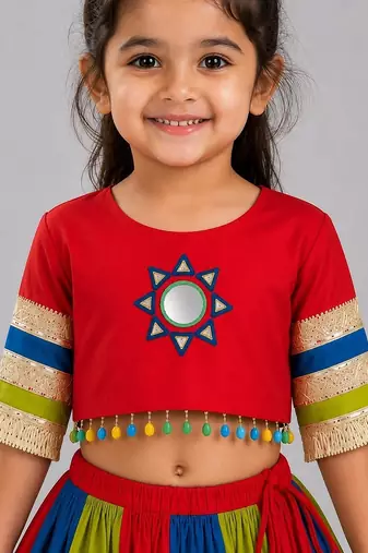 Multicolor cotton embroidered  mirror work kids lehenga choli