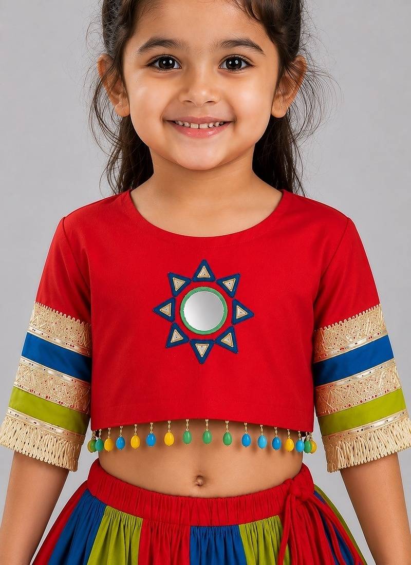 Multicolor cotton embroidered  mirror work kids lehenga choli